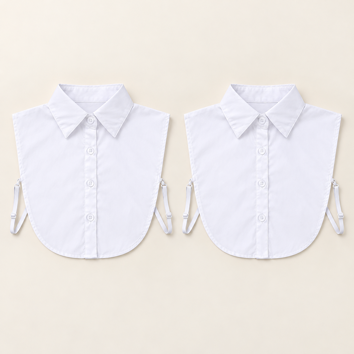 Contenido del pack: exactamente dos pecheras blancas completas, cada una con cuatro botones y tiras laterales.