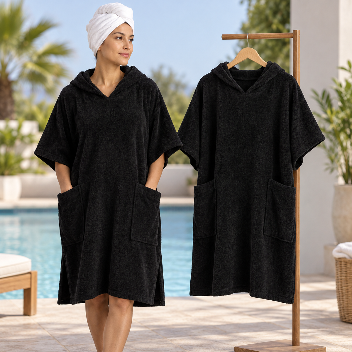 Dos ponchos negros completos y un turbante blanco de regalo: una pieza puesta y otra colgada.