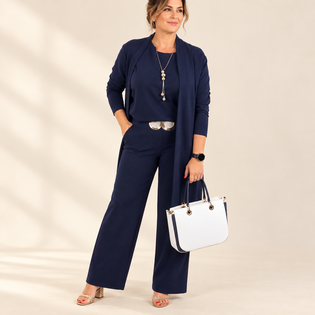 Conjunto de 3 piezas: cárdigan largo, top y pantalón